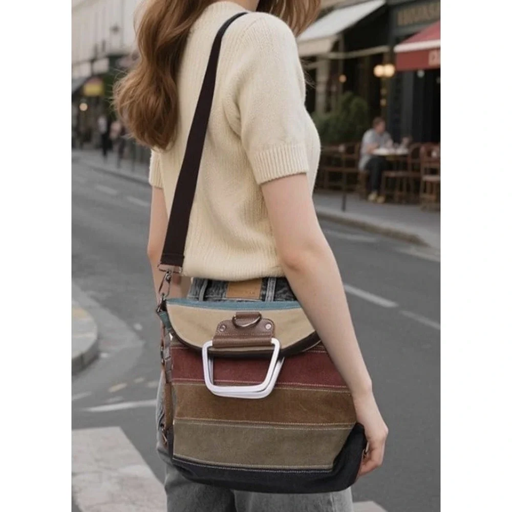 Manjianghong Boho Striped Multicolor Canvas Tote Adjustable Strap Metal Handles